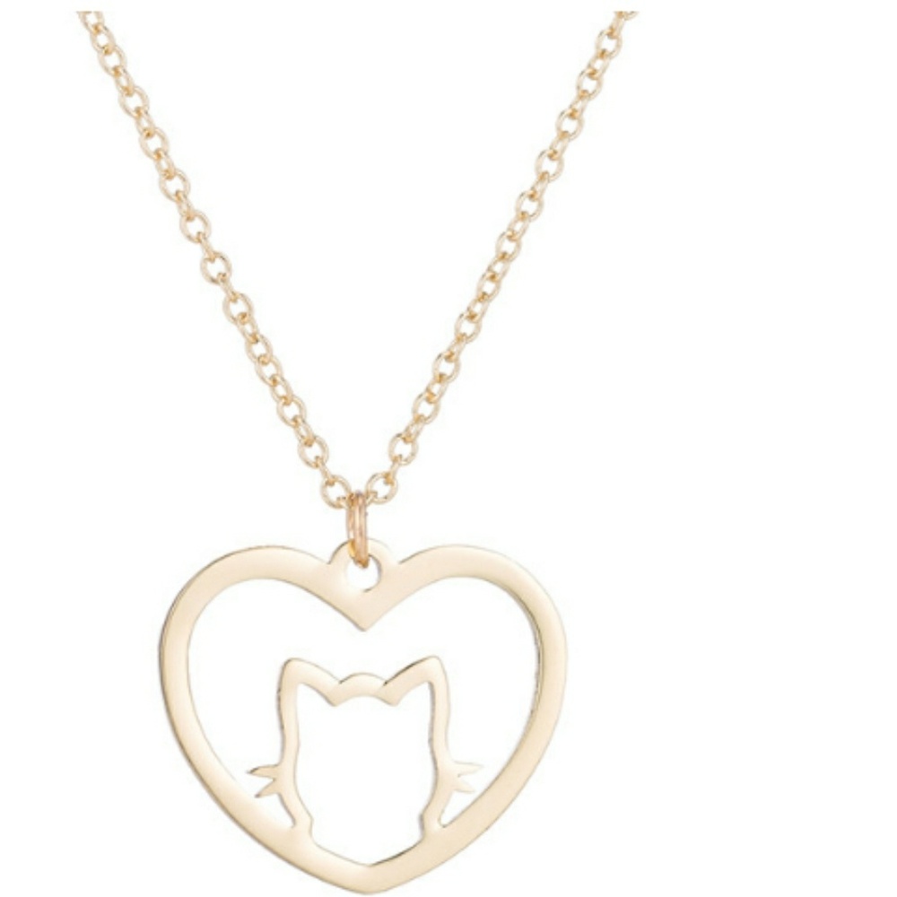 Gold Lovely Heart Kitty Cat Necklace - Picture 3 of 4